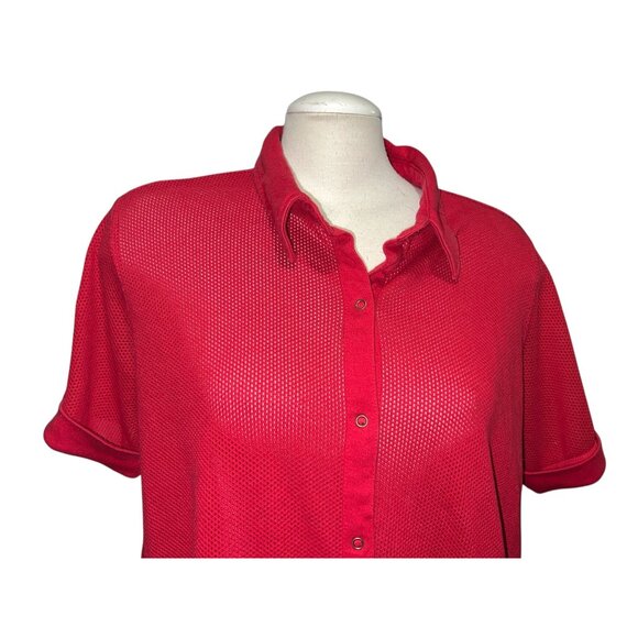 Roamans Red Mesh Button-Up Shirt Size Large Short Sleeve Lightweight Collared To - Picture 6 of 10